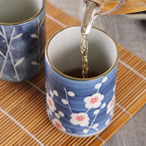 WHJY 10oz Transitional Chinese/Japanese style Handle-less Ceramic Tea cups teacup, Cherry Bloom & Rush straw in Blue Sky Pattern Set of 2 - Image 3