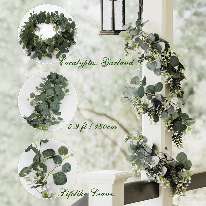 SOMYTING Artificial Eucalyptus Garland 4 Packs 5.9Ft Gypsophila Silver Dollar Eucalyptus Spring Greenery Garland Faux Hanging Plants Artificial Vines for Wedding Mantle Party Home Table Decor (4PCS) - Image 2