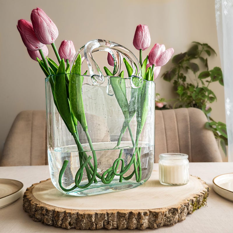OLEEK Purse vases for Flowers (Handmade) Glass Bag vase -10 Inches- Blue for centerpieces & Fish Bowl - Handbag Unique Flower vase Decorative - Glass Handbag vases for Cute Room Decor - Image 2