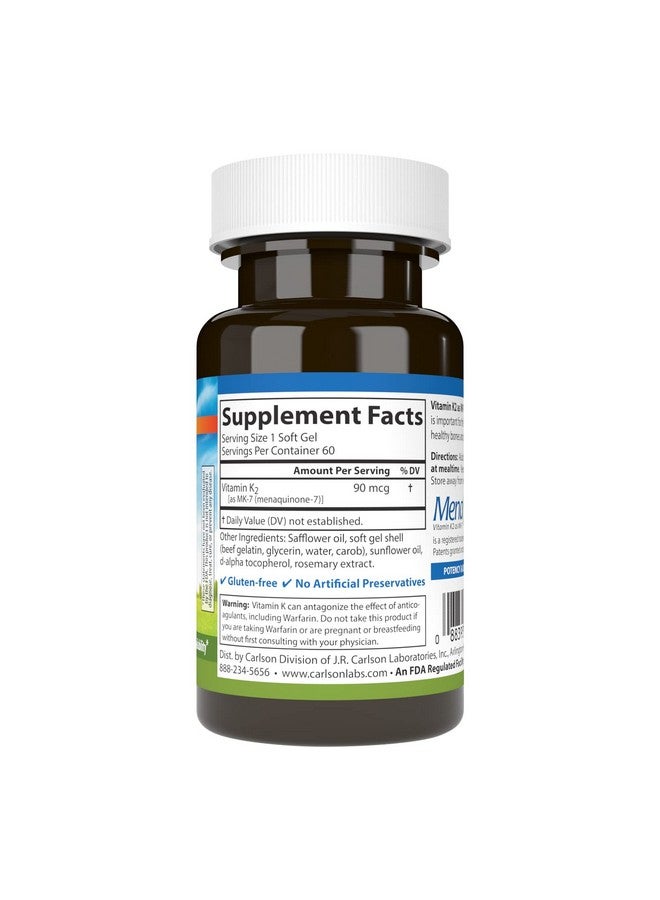 Carlson - Vitamin K2 MK-7 (Menaquinone), 90 mcg, Bone Support, Calcium Bioavailability, K2 Vitamin, Vitamin K-2, 60 Softgels - Image 2