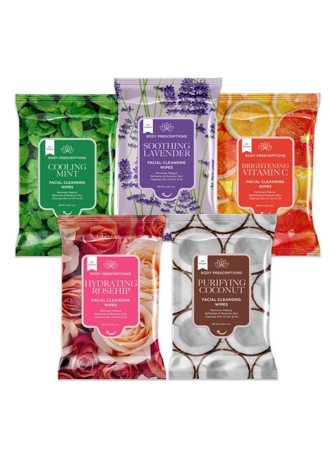 Body Prescriptions Makeup Remover Wipes Bulk 5 Pack 150 Facial Cleansing Cloths Removes Makeup Mascara Dirt And Oil (Mint Rosehip Vitamin C Lavender And Coconut) - Image 1
