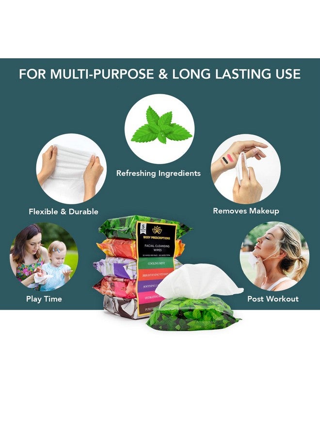 Body Prescriptions Makeup Remover Wipes Bulk 5 Pack 150 Facial Cleansing Cloths Removes Makeup Mascara Dirt And Oil (Mint Rosehip Vitamin C Lavender And Coconut) - Image 2