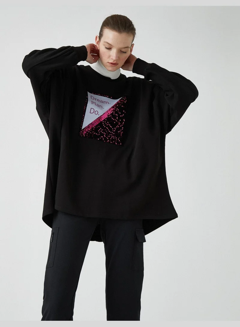 KOTON Cotton Letter Printed Sequined Crew Neck Tunic
