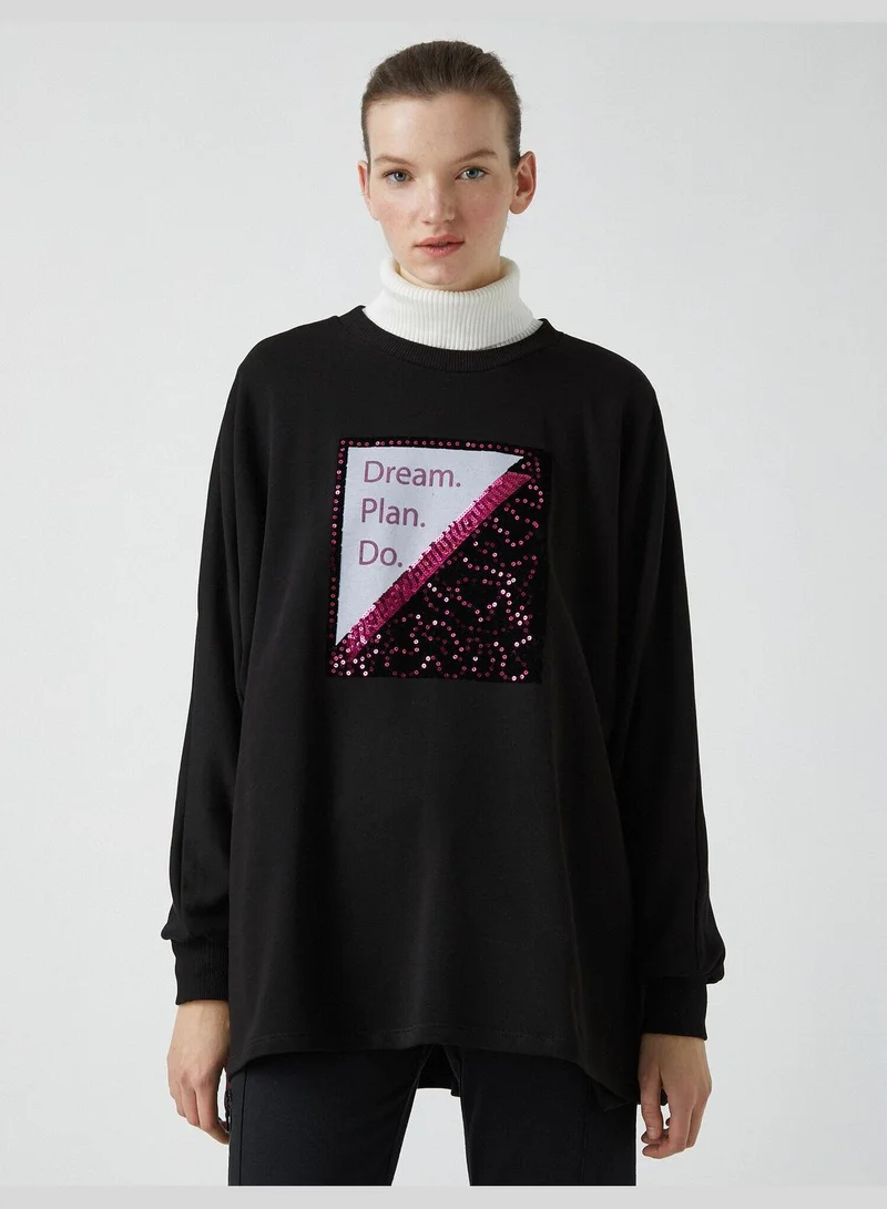 KOTON Cotton Letter Printed Sequined Crew Neck Tunic