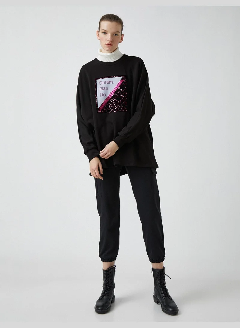 KOTON Cotton Letter Printed Sequined Crew Neck Tunic