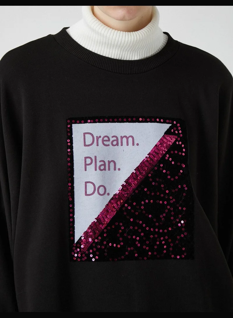 KOTON Cotton Letter Printed Sequined Crew Neck Tunic