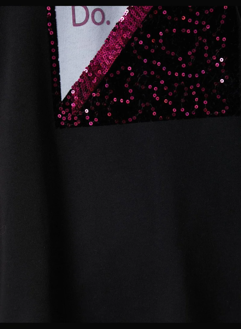 KOTON Cotton Letter Printed Sequined Crew Neck Tunic