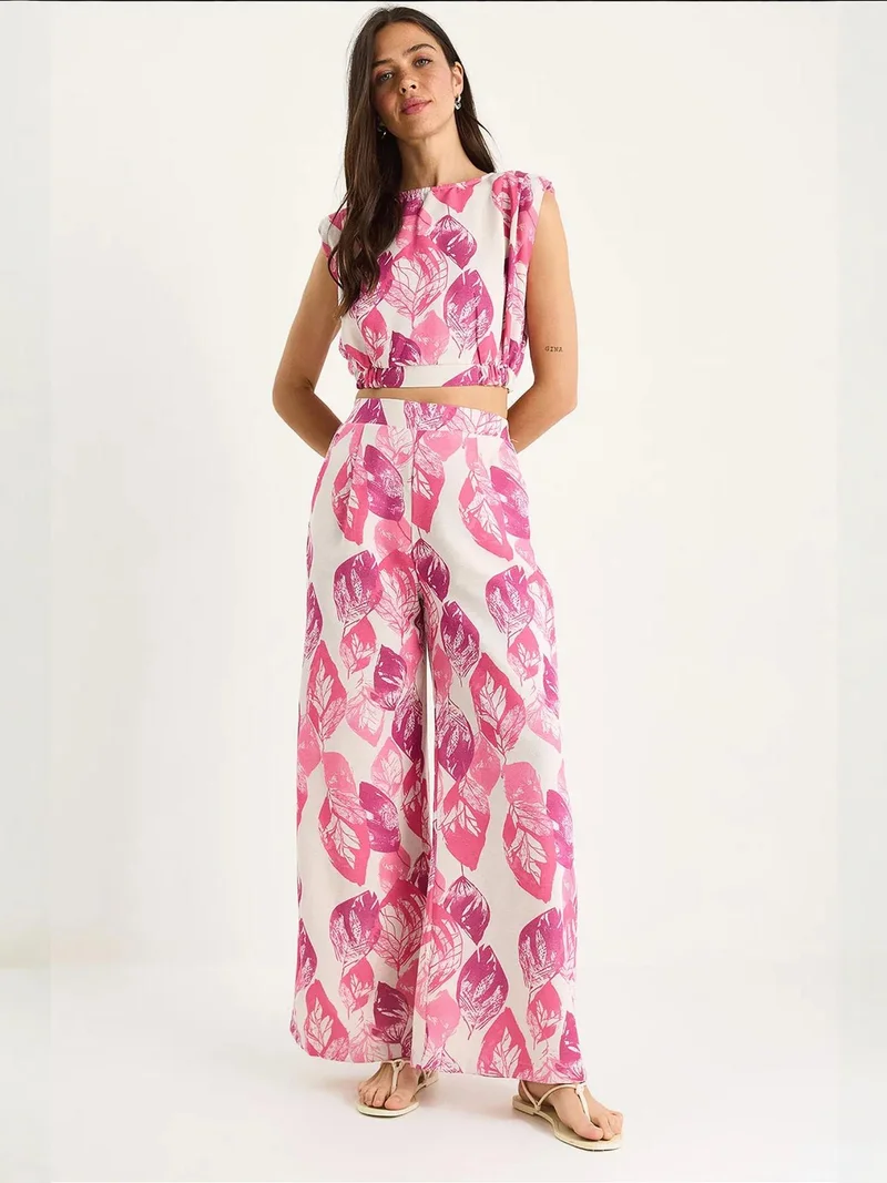 Bianco Lucci LUCCI Floral Print Crop Top and Wide Leg Pants Set