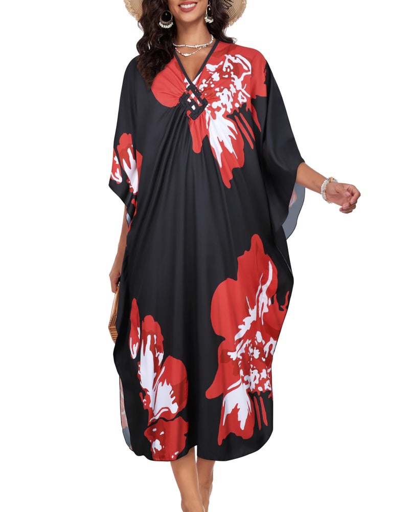 JILUVIN Kaftan Dresses for Women Plus Size V Neck Caftans Long Batwing Sleeve Beach Cover Ups Summer Floral Print Dress (Red Floral,One Size) - Image 4