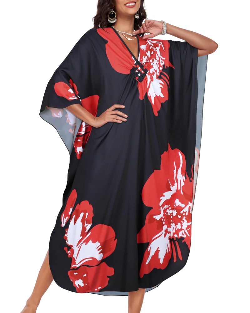 JILUVIN Kaftan Dresses for Women Plus Size V Neck Caftans Long Batwing Sleeve Beach Cover Ups Summer Floral Print Dress (Red Floral,One Size) - Image 3