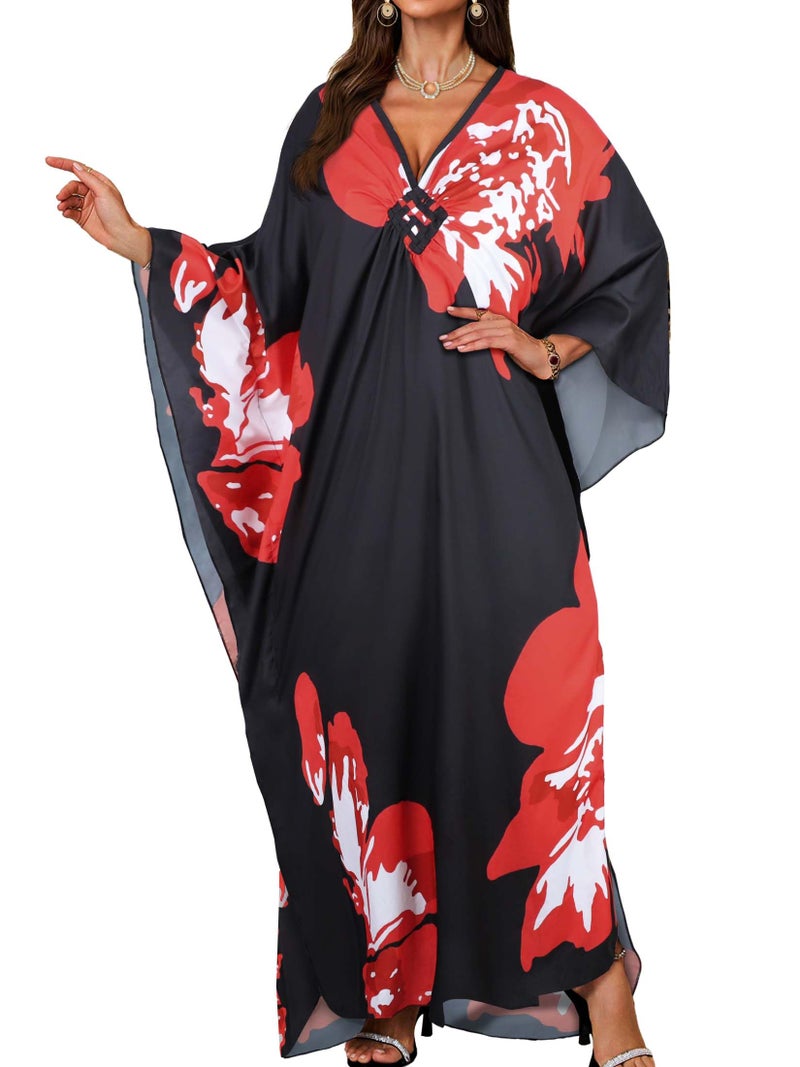 JILUVIN Kaftan Dresses for Women Plus Size V Neck Caftans Long Batwing Sleeve Beach Cover Ups Summer Floral Print Dress (Red Floral,One Size) - Image 1