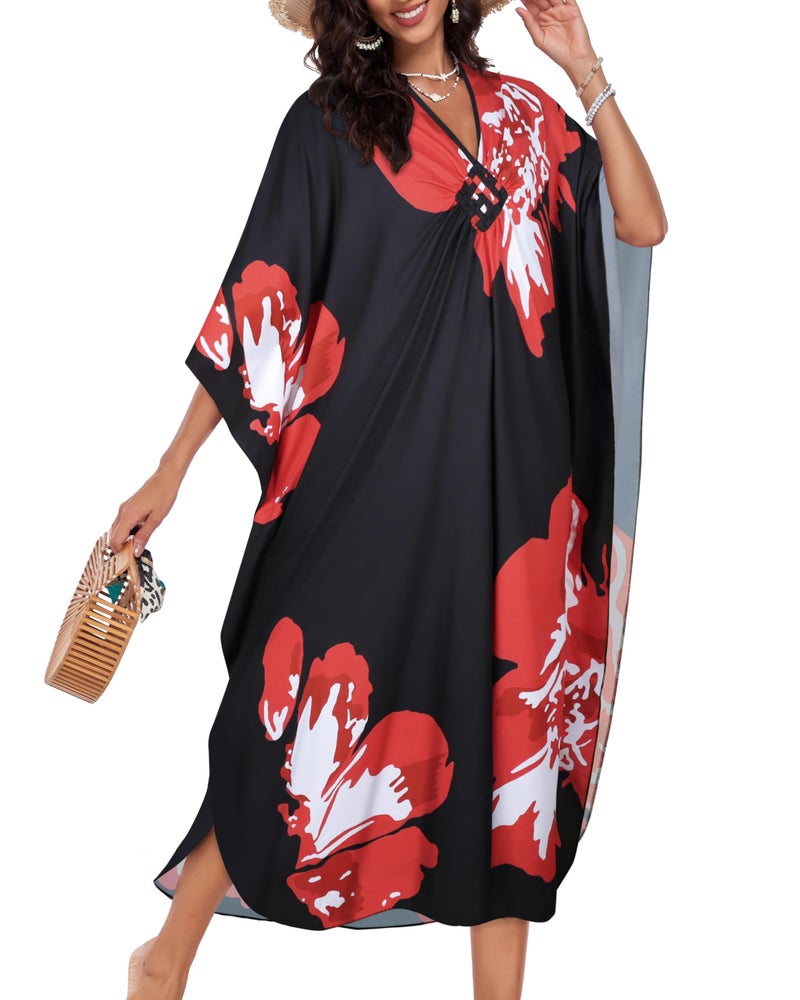 JILUVIN Kaftan Dresses for Women Plus Size V Neck Caftans Long Batwing Sleeve Beach Cover Ups Summer Floral Print Dress (Red Floral,One Size) - Image 2