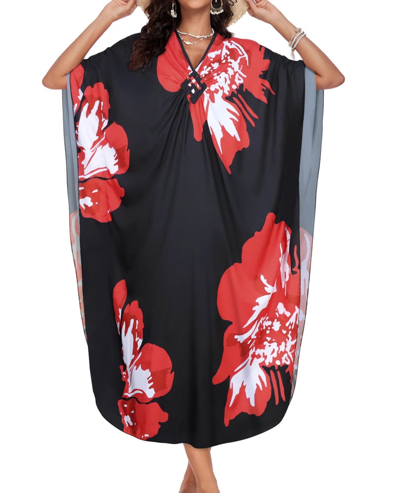 JILUVIN Kaftan Dresses for Women Plus Size V Neck Caftans Long Batwing Sleeve Beach Cover Ups Summer Floral Print Dress (Red Floral,One Size) - Image 5