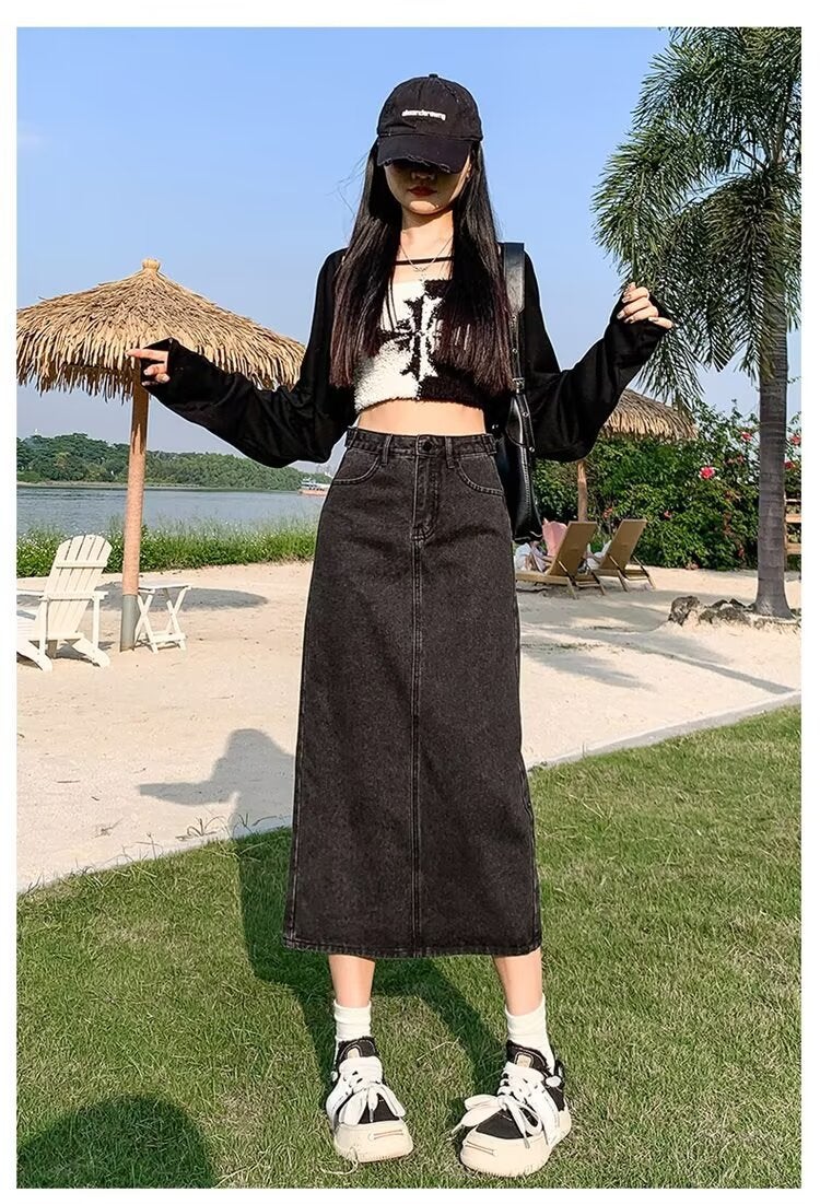 Black Denim Skirt With Slits For Small People, New Pear-Shaped Figure, Large Size, High Waist, Slimming Look And Hip-Covering Mid-Length Skirt - Image 1