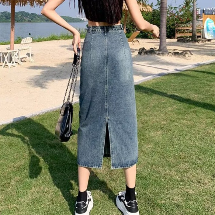 Black Denim Skirt With Slits For Small People, New Pear-Shaped Figure, Large Size, High Waist, Slimming Look And Hip-Covering Mid-Length Skirt - Image 4