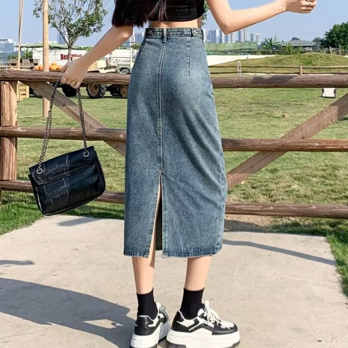 Black Denim Skirt With Slits For Small People, New Pear-Shaped Figure, Large Size, High Waist, Slimming Look And Hip-Covering Mid-Length Skirt - Image 5