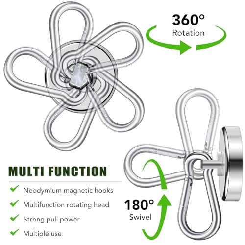E BAVITE Magnetic Hooks,100LBS Strong Heavy Duty Neodymium Magnet Hooks with Swivel Carabiner Hook,Great for Your Kitchen,Refrigerator and Other Magnetic Surfaces(4 Pack), Silvery - Image 3