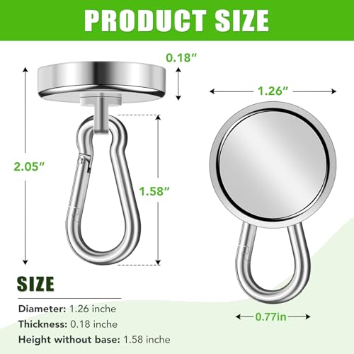 E BAVITE Magnetic Hooks,100LBS Strong Heavy Duty Neodymium Magnet Hooks with Swivel Carabiner Hook,Great for Your Kitchen,Refrigerator and Other Magnetic Surfaces(4 Pack), Silvery - Image 2