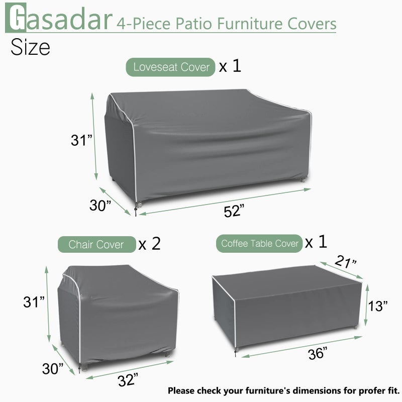 Gasadar Patio Furniture Cover 4-Piece Set, Heavy Dut 600D Outdoor Furniture Cover Waterproof for Lawn Patio Chairs, Loveseat and Coffe table, Grey - Image 2