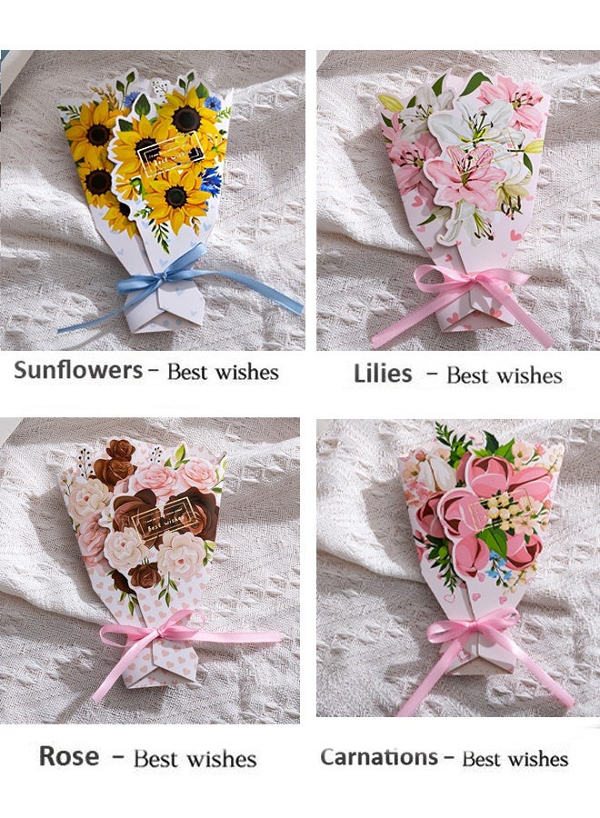 4 قطع بطاقات تهنئة ثلاثية الأبعاد مزينة بباقة زهور مع فيونكة بطاقات هدايا متعددة المناسبات للعودة إلى المدرسة وأعياد الميلاد وعيد الأم والزفاف  والعيد، بطاقات زهرية متينة  تصاميم زنبق، عباد الشمس، وردة، قرنفل - Image 3