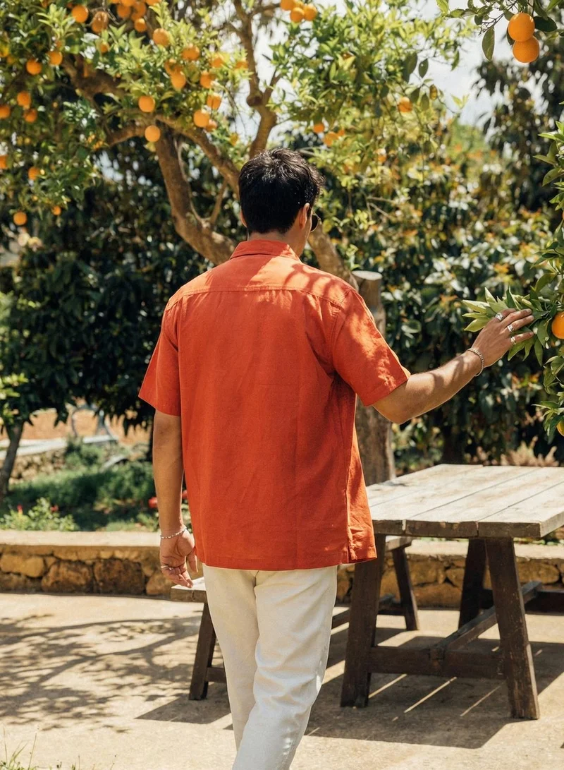 دينيس لينغو Men Rust Cotton Solid Print Button Down Boxy Shirt