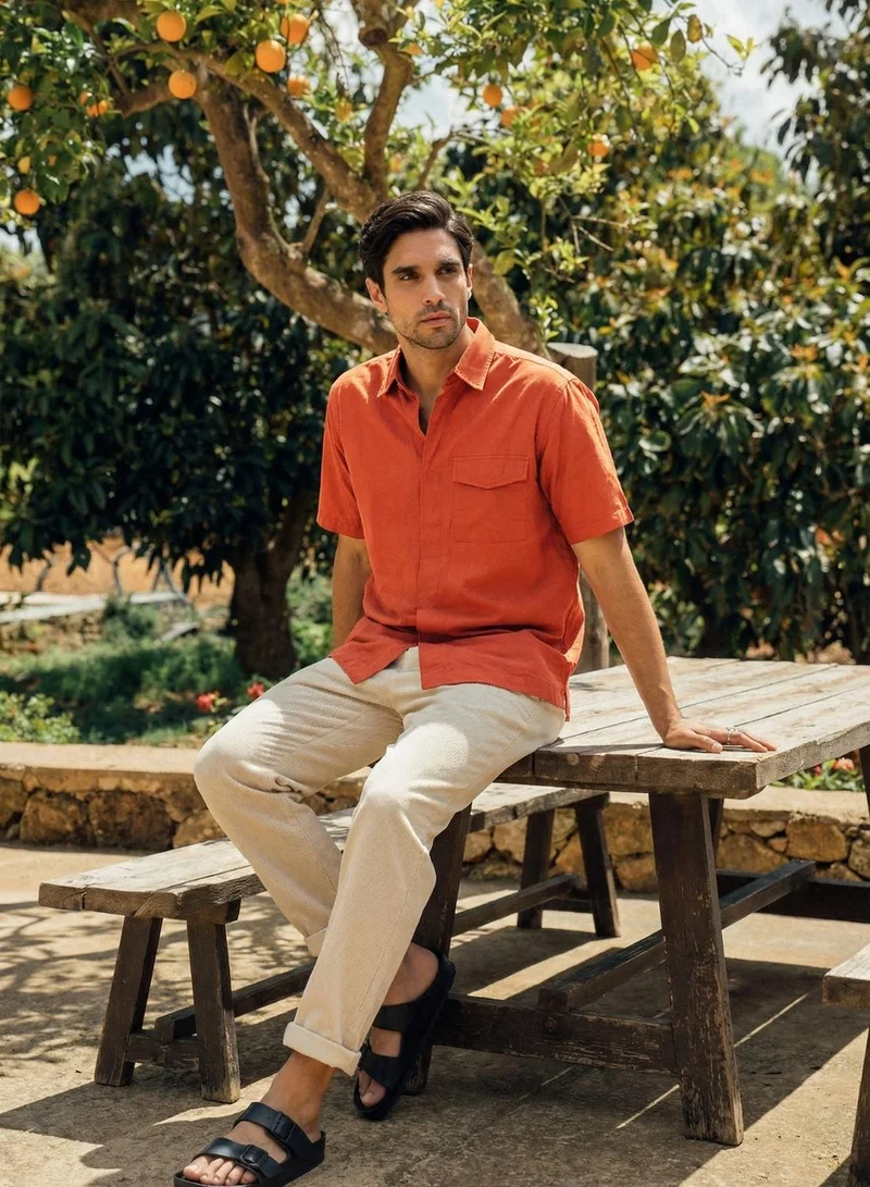 دينيس لينغو Men Rust Cotton Solid Print Button Down Boxy Shirt