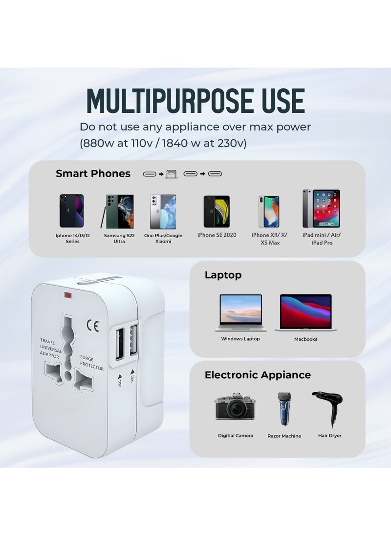 تكوفن محول سفر عالمي مزود بمنفذي USB, قابس سفر عالمي، قابس حائط مع منافذ USB مزدوجة للمملكة العربية السعودية، الإمارات العربية المتحدة، الولايات المتحدة، الاتحاد الأوروبي، المملكة المتحدة، أستراليا - أبيض  - Image 4