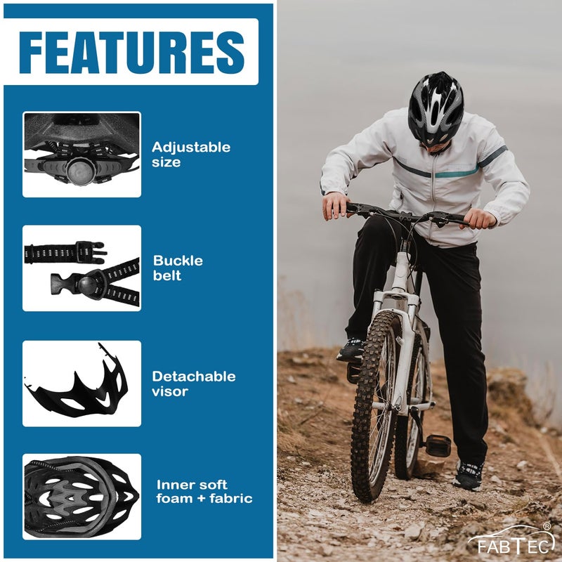 FABTEC خوذة دراجة هوائية وتزلج بيضاء-سوداء مع واقي قابل للفك | خوذة دراجة جبلية خفيفة الوزن مع غلاف مهوي، وحشوة ممتصة للصدمات، وحزام قابل للتعديل | مثالية للرجال والنساء والأطفال - Image 5