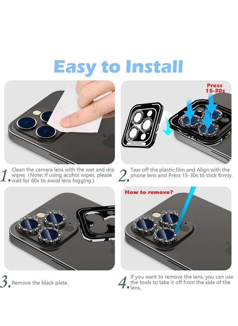 Raxoom iPhone 14 Pro/iPhone 14 Pro Max Camera Lens Protector Bling, HD Tempered Glass Shining Decoration Lens Screen Protector Individual Aluminum Alloy Metal Ring, Glitter Black - Image 3