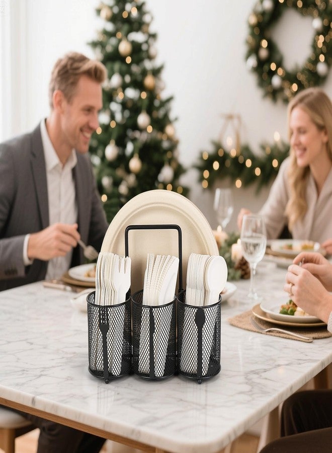 Honlibey Utensil Caddy with Silverware & Paper Plate Holder, Portable Metal Cutlery Holder for Parties, Buffet,Picnic, Camping, Outdoor, Countertop, Durable Flatware Caddy with 4 Compartments & Hiden Handle - Image 2