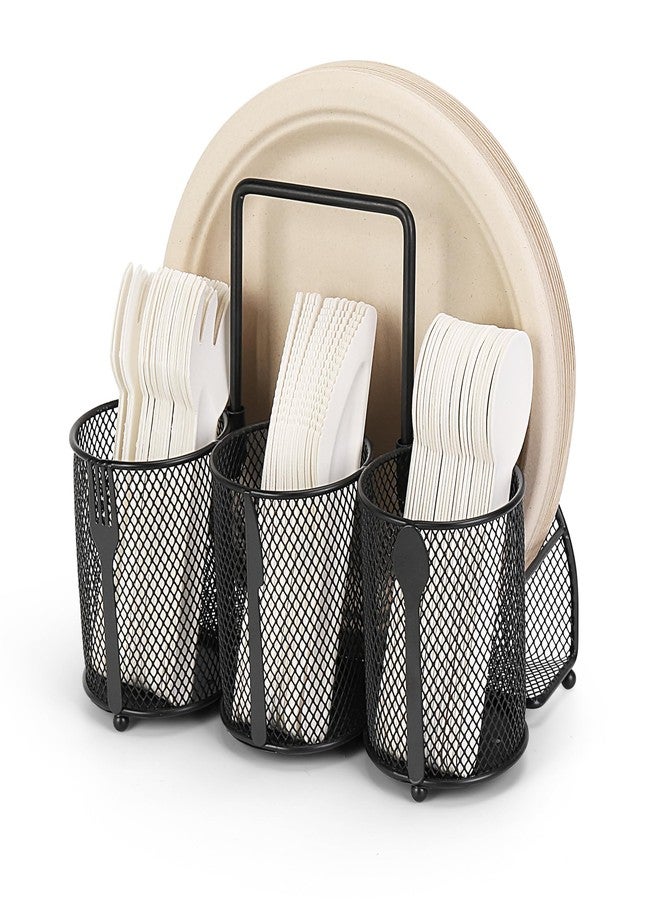 Honlibey Utensil Caddy with Silverware & Paper Plate Holder, Portable Metal Cutlery Holder for Parties, Buffet,Picnic, Camping, Outdoor, Countertop, Durable Flatware Caddy with 4 Compartments & Hiden Handle - Image 1