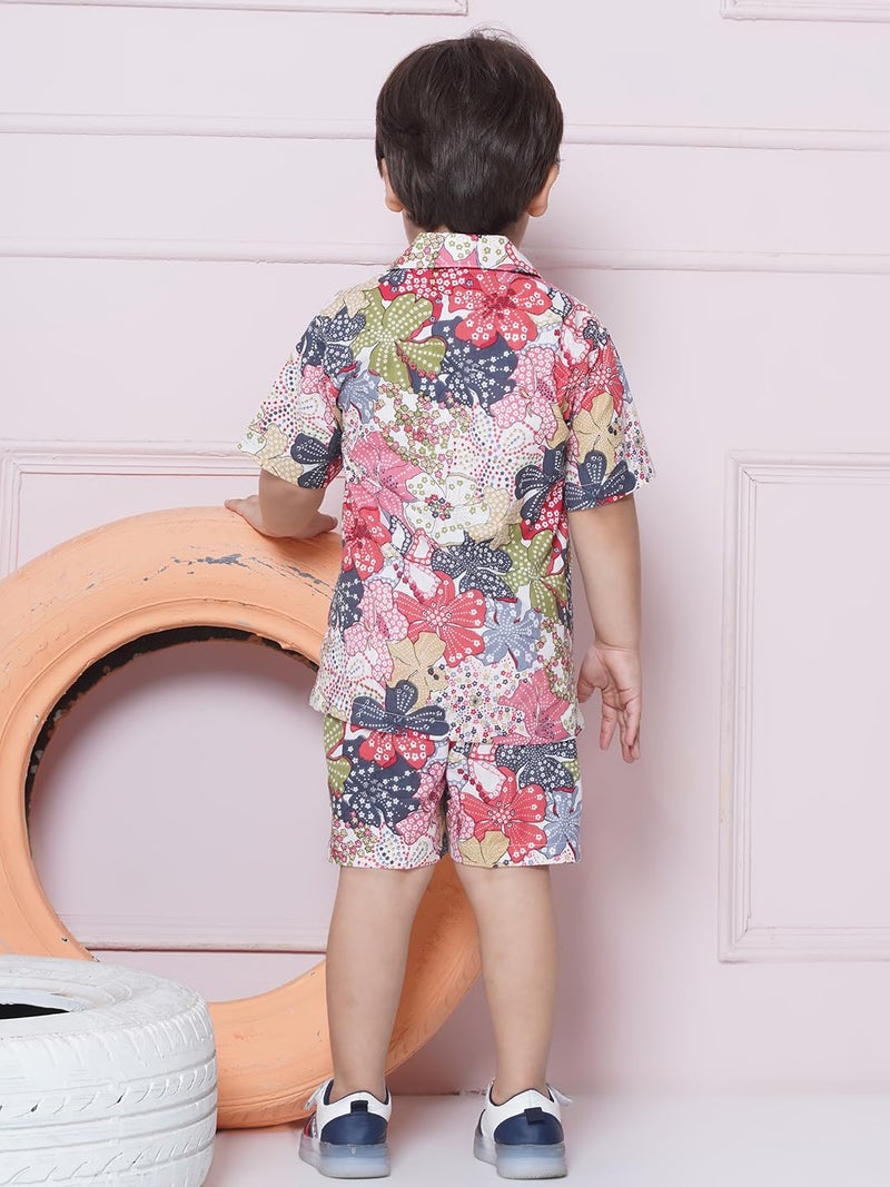 AJ DEZINES Kids Pink Color Cotton Shirt Shorts Half Sleeves Floral Printed CO-ORDS Set for Boys (CO-1002-PINK-1) - Image 4