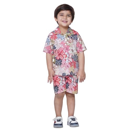AJ DEZINES Kids Pink Color Cotton Shirt Shorts Half Sleeves Floral Printed CO-ORDS Set for Boys (CO-1002-PINK-1) - Image 1