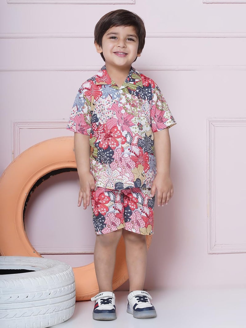 AJ DEZINES Kids Pink Color Cotton Shirt Shorts Half Sleeves Floral Printed CO-ORDS Set for Boys (CO-1002-PINK-1) - Image 2