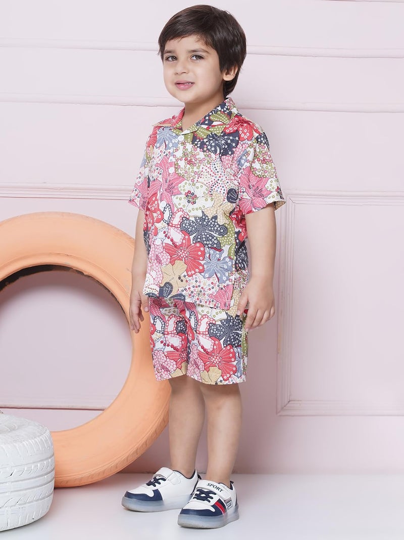 AJ DEZINES Kids Pink Color Cotton Shirt Shorts Half Sleeves Floral Printed CO-ORDS Set for Boys (CO-1002-PINK-1) - Image 5