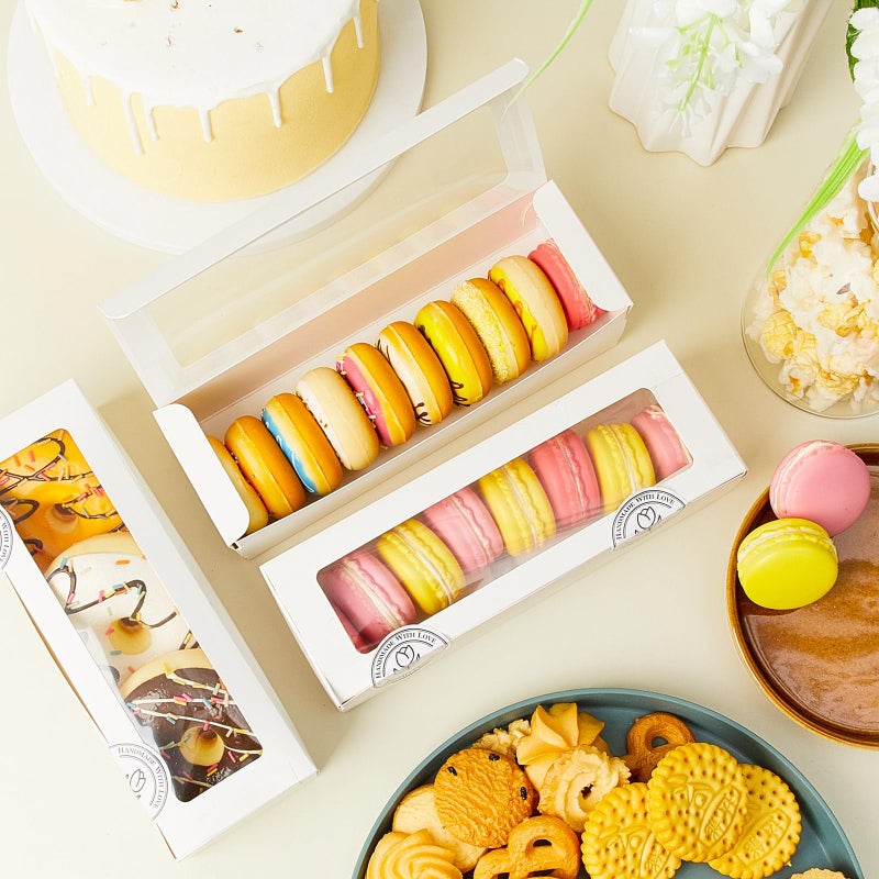 Sherr 50 Pcs White Macaron Boxes With Window  Cookies Boxes With 200 Pcs Stickers Long Bakery & Dessert Gifts Containers For Donuts  Pastry  Chocolate Covered Strawberry - Image 5