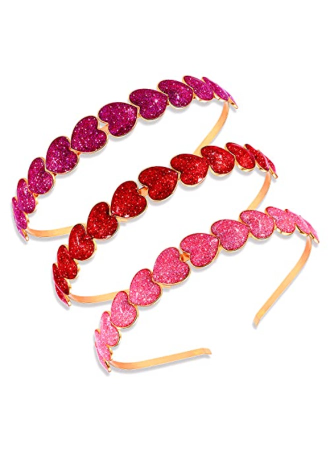 PHALIN 3PCS Valentines Day Heart Headbands for Women Glitter Rhinestone Heart Hairbands Sweet Love Hair Hoop Festive Gifts 3PCS Glitter Headband - Image 1