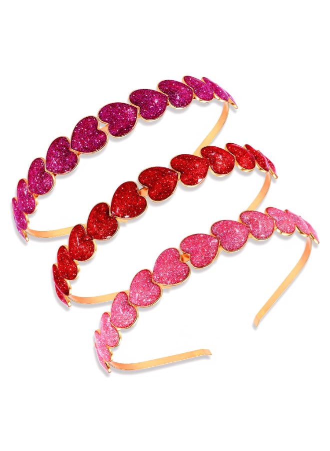 PHALIN 3PCS Valentines Day Heart Headbands for Women Glitter Rhinestone Heart Hairbands Sweet Love Hair Hoop Festive Gifts 3PCS Glitter Headband - Image 2