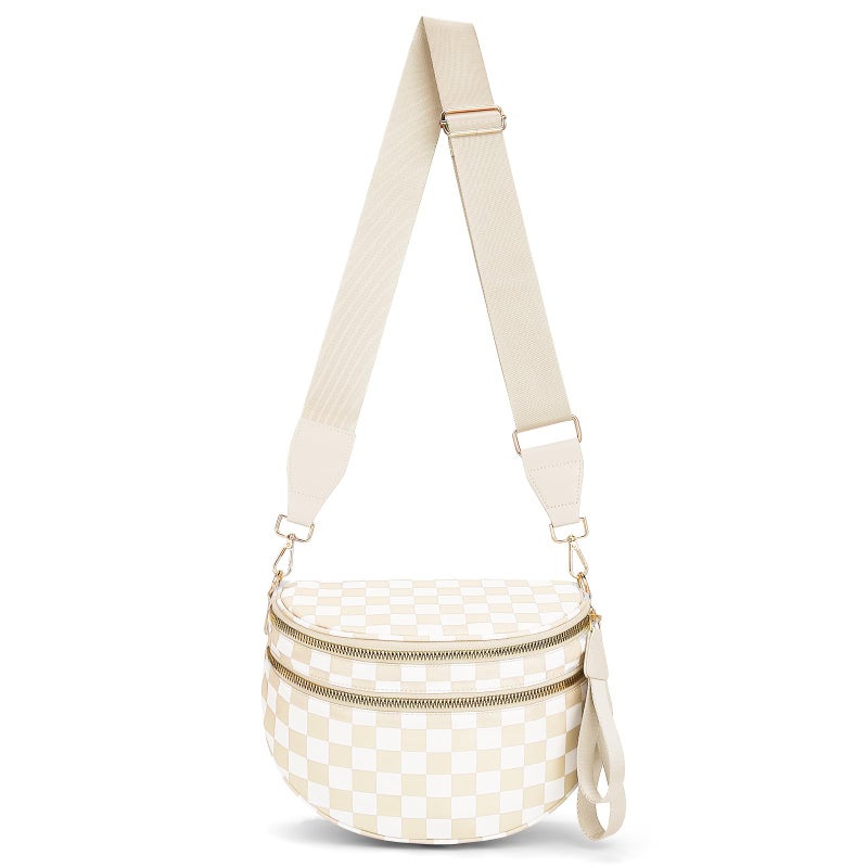 Lushandy Bum Bag Women's Checkered Crossbody Bag Nylon Cross Body Bags Plaid Mom Everyday Purse for Travel (Checkered Beige) - Image 1