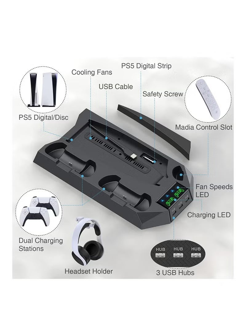 XiuWoo PS5 Stand with Cooling Station and Dual Controller Charging Station for PS5 Digital Edition, PS5 Disc Version, PS5 Cooling Fan with Headset Holder and 3 Adjustable Fan Speeds (Black) - Image 3