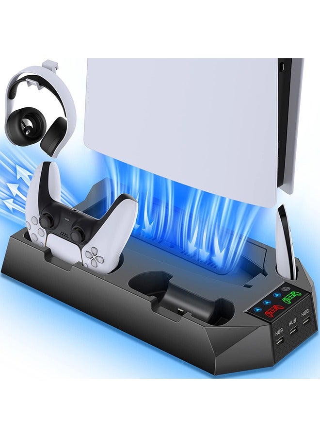 XiuWoo PS5 Stand with Cooling Station and Dual Controller Charging Station for PS5 Digital Edition, PS5 Disc Version, PS5 Cooling Fan with Headset Holder and 3 Adjustable Fan Speeds (Black) - Image 1