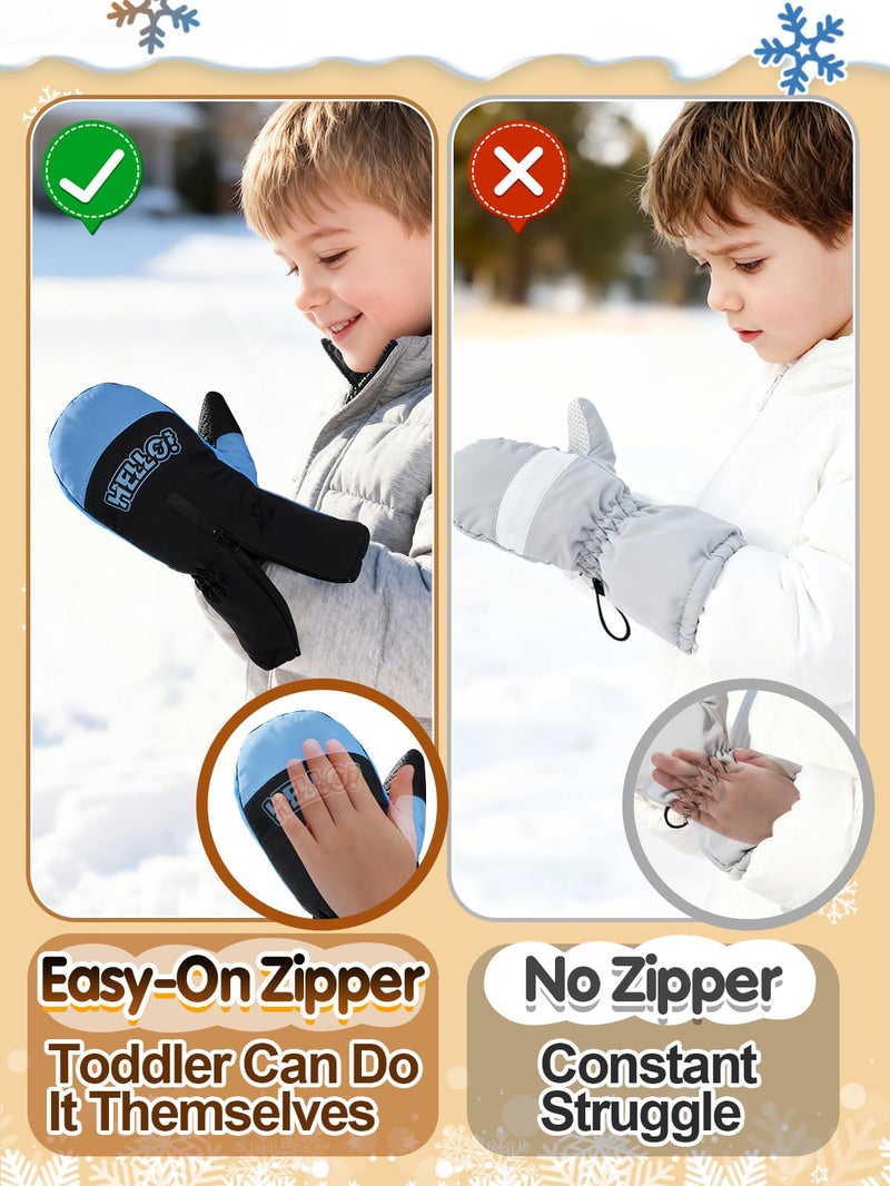 Biubee 2 Pairs Easy-On Zipper Kids Snow Gloves for Boys Ages 3-6 - Waterproof Warm Fleece Toddler Mittens, Christmas Stocking Stuffers Gifts - Image 3