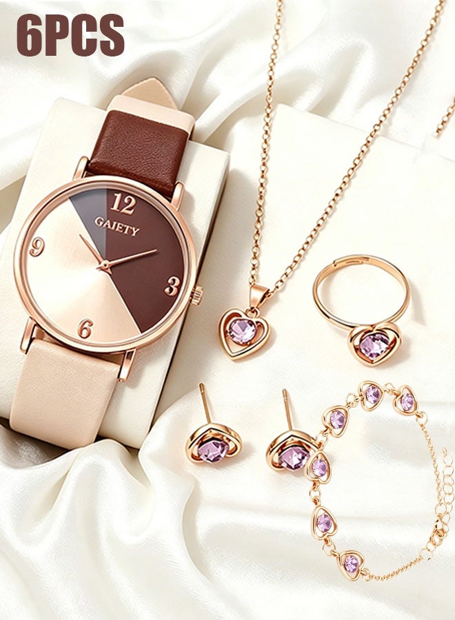 GAIETY Women's rose gold brown PU strap digital watch with diamond heart-shaped necklace, bracelet, ring, and earrings jewelry set, 5 pieces - Image 1