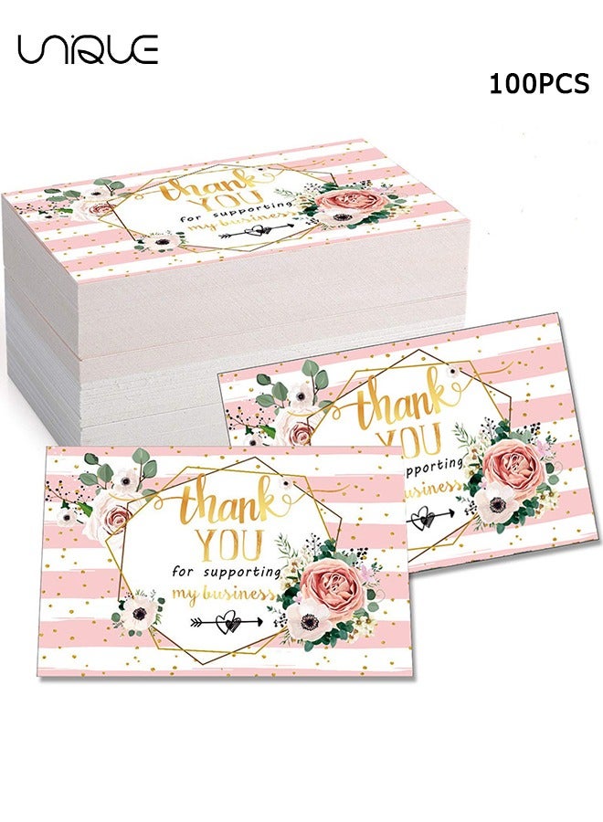 Unique 100 Pcs Card - 5*9cm Pink Thank You Postcard - Imitation Gold & Pink Floral Thank You Card - Small Business Supplies Boutique Supplies - Image 1
