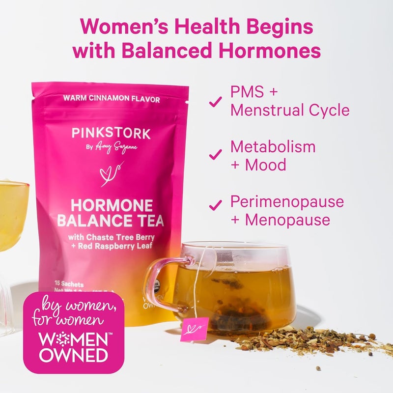 Pink Stork شاي توازن الهرمونات للنساء من بينك ستورك - أوراق التوت الأحمر - فيتكس - شاي أعشاب عضوي لدورة الطمث ودعم فترة ما قبل انقطاع الطمث - خالي من الكافيين - مزيج قرفة - 30 كوب - Image 3