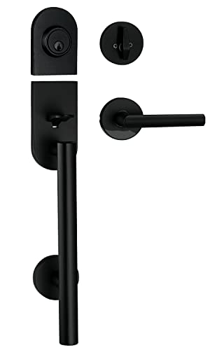 Berlin Modisch HandleSet Front Door Entry Handle and Deadbolt Lock Set Sleek Round Lever and Single Cylinder Deadbolt Heavy Duty - Iron Black Finish - Image 1
