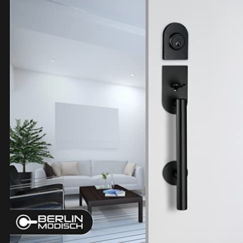 Berlin Modisch HandleSet Front Door Entry Handle and Deadbolt Lock Set Sleek Round Lever and Single Cylinder Deadbolt Heavy Duty - Iron Black Finish - Image 3
