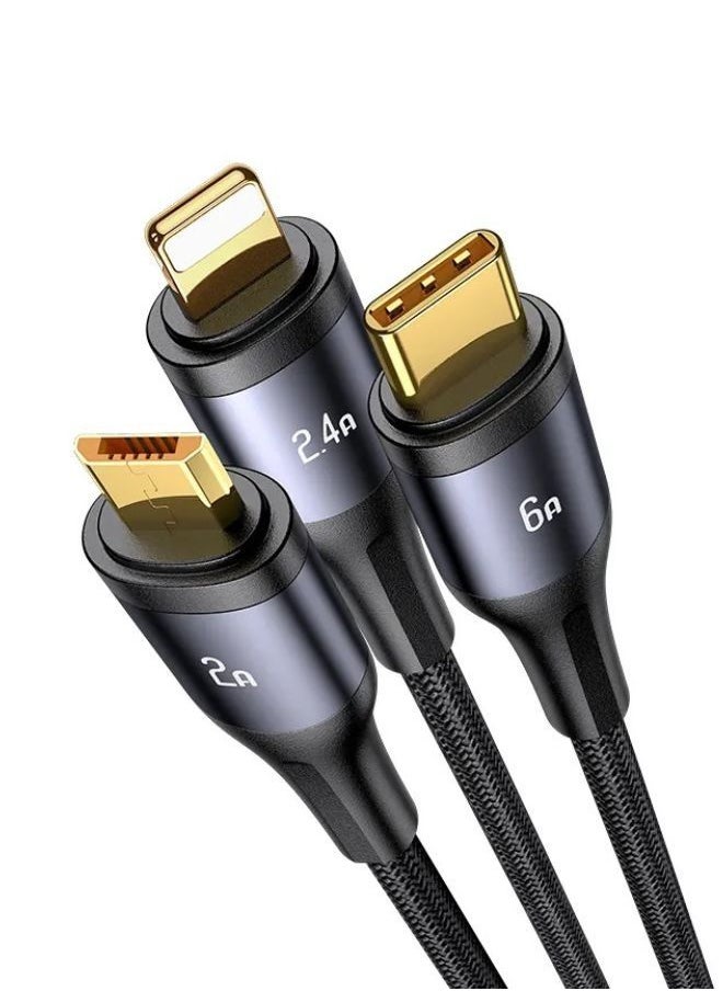 Usams - 66W 3IN1 Transparent Digital Display Fast Charging & Data Cable for iPhone 14/14 Plus/ 14 Pro/14 Pro Max/iPhone 13/12/11/XS/Pro Max MacBook Air, iPad Pro 12.9", Samsung S21+, Huawei P30 black - Image 1