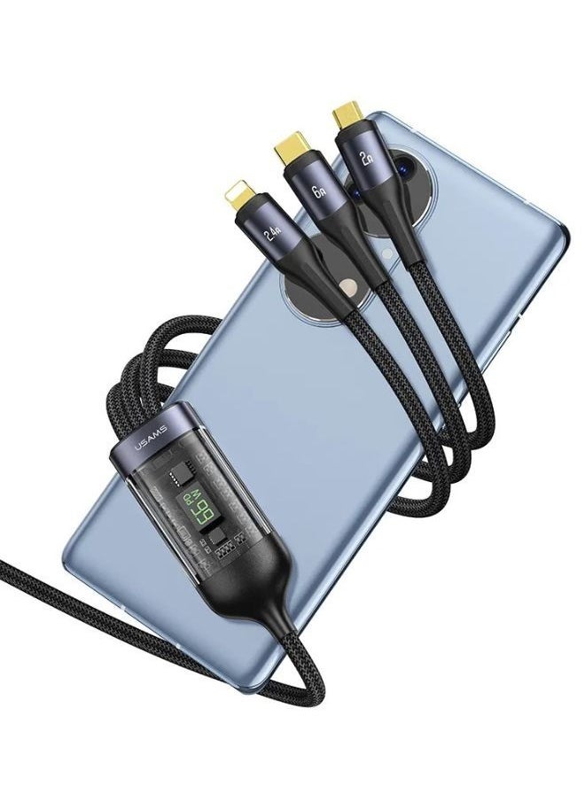 Usams - 66W 3IN1 Transparent Digital Display Fast Charging & Data Cable for iPhone 14/14 Plus/ 14 Pro/14 Pro Max/iPhone 13/12/11/XS/Pro Max MacBook Air, iPad Pro 12.9", Samsung S21+, Huawei P30 black - Image 1