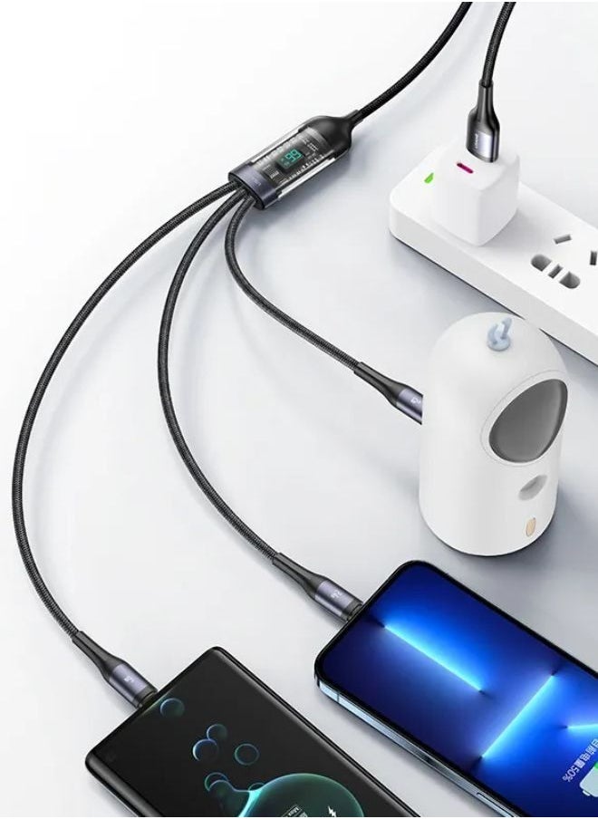 Usams - 66W 3IN1 Transparent Digital Display Fast Charging & Data Cable for iPhone 14/14 Plus/ 14 Pro/14 Pro Max/iPhone 13/12/11/XS/Pro Max MacBook Air, iPad Pro 12.9", Samsung S21+, Huawei P30 black - Image 1